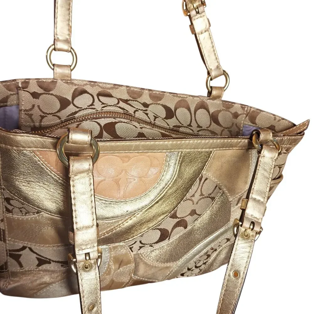 Coach Y2K Vintage Gold Metallic Mosaic Patchwork Signature Tote gold leather